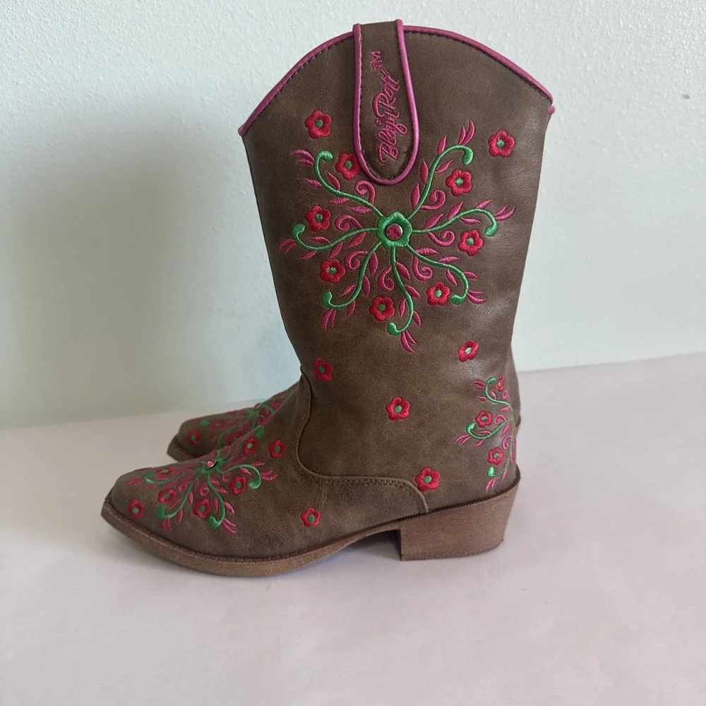 Blazin Roxx Youth Sz 1 Pink Floral Brown Side Zip Snip Toe Western Cowboy Boots